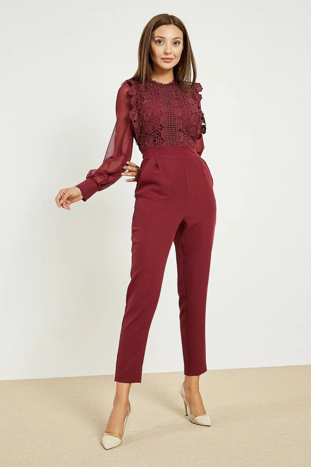 13712 Burgundy Lace Tulle Top Jumpsuit