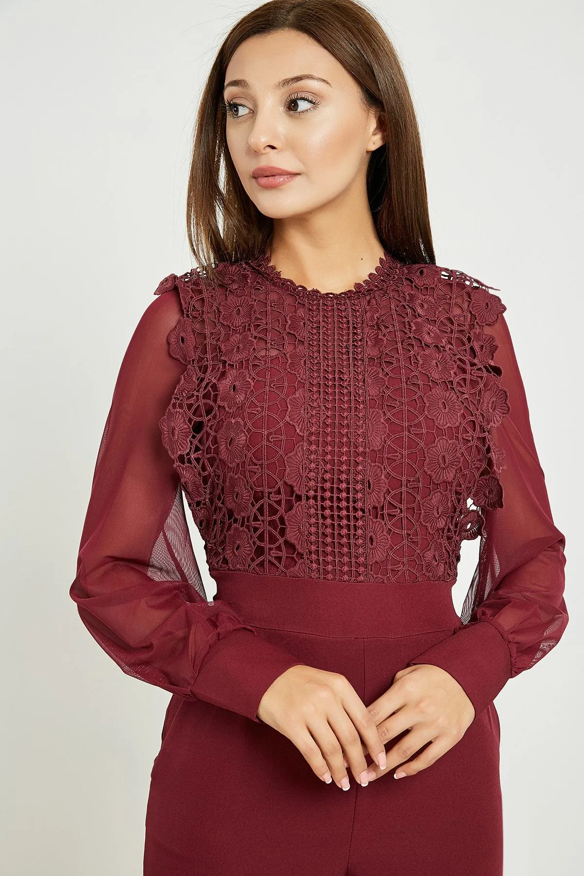 13712 Burgundy Lace Tulle Top Jumpsuit