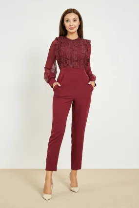 13712 Burgundy Lace Tulle Top Jumpsuit