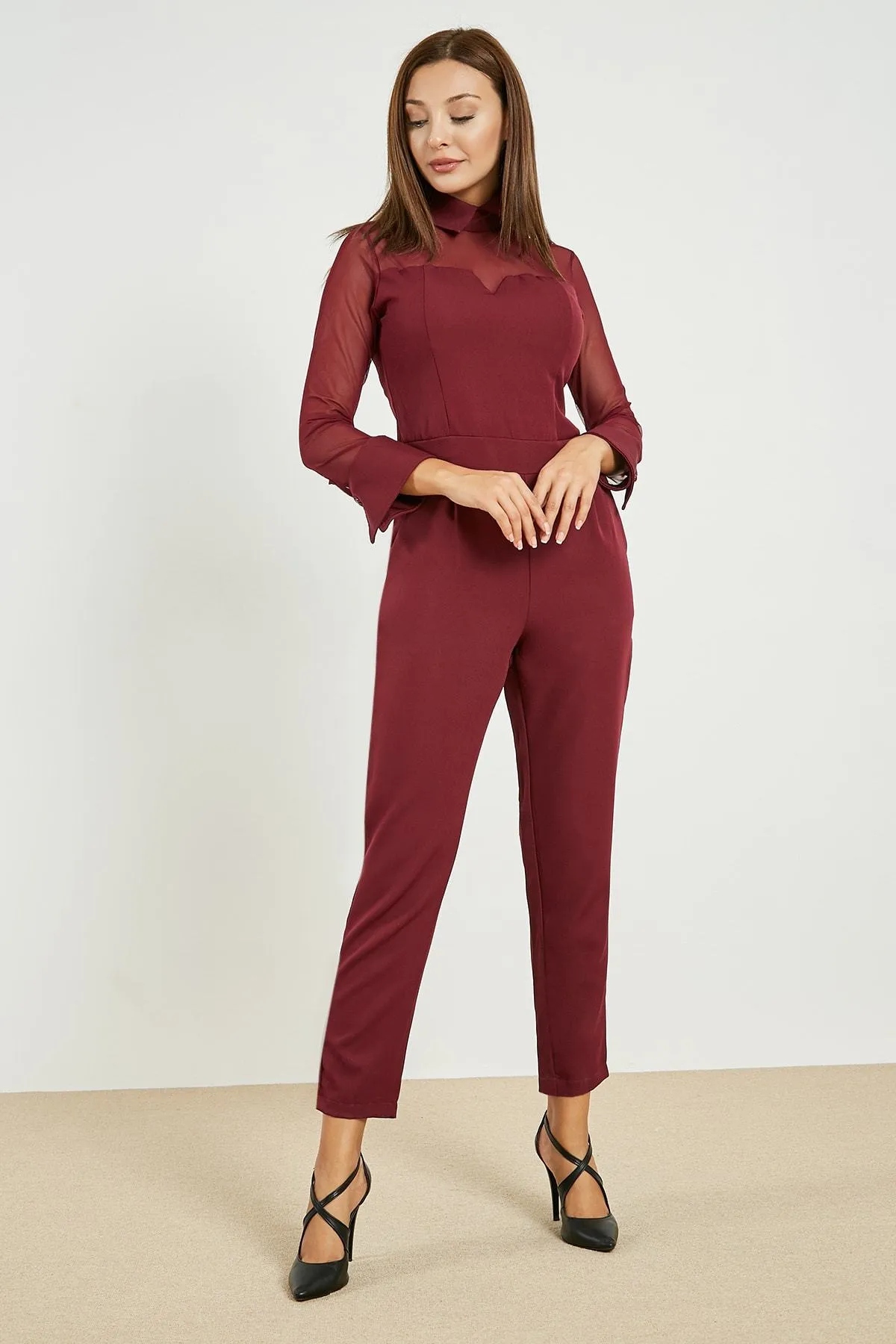 13720 Burgundy Shirt Collar Tulle Jumpsuit
