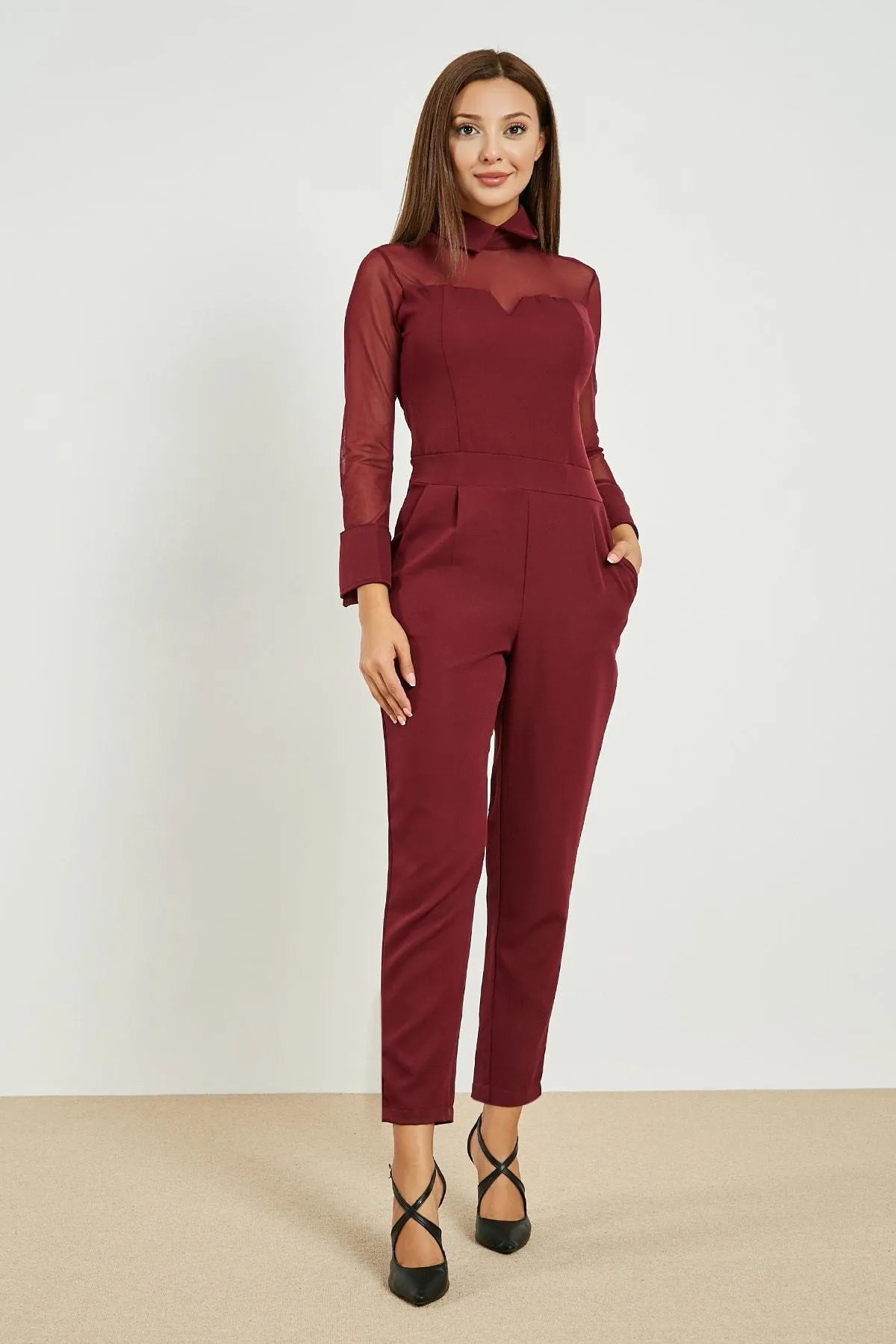 13720 Burgundy Shirt Collar Tulle Jumpsuit
