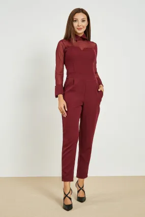 13720 Burgundy Shirt Collar Tulle Jumpsuit