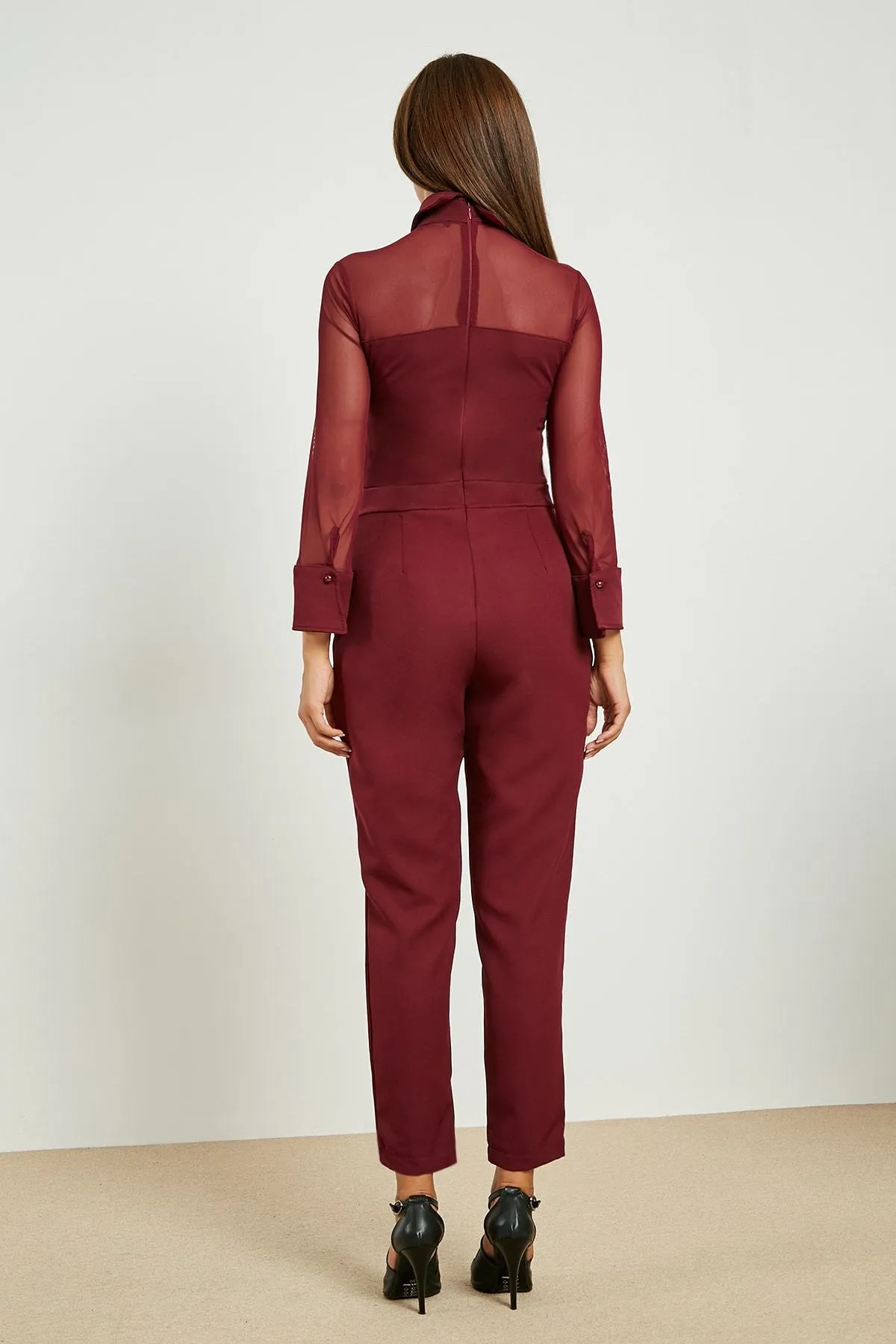 13720 Burgundy Shirt Collar Tulle Jumpsuit