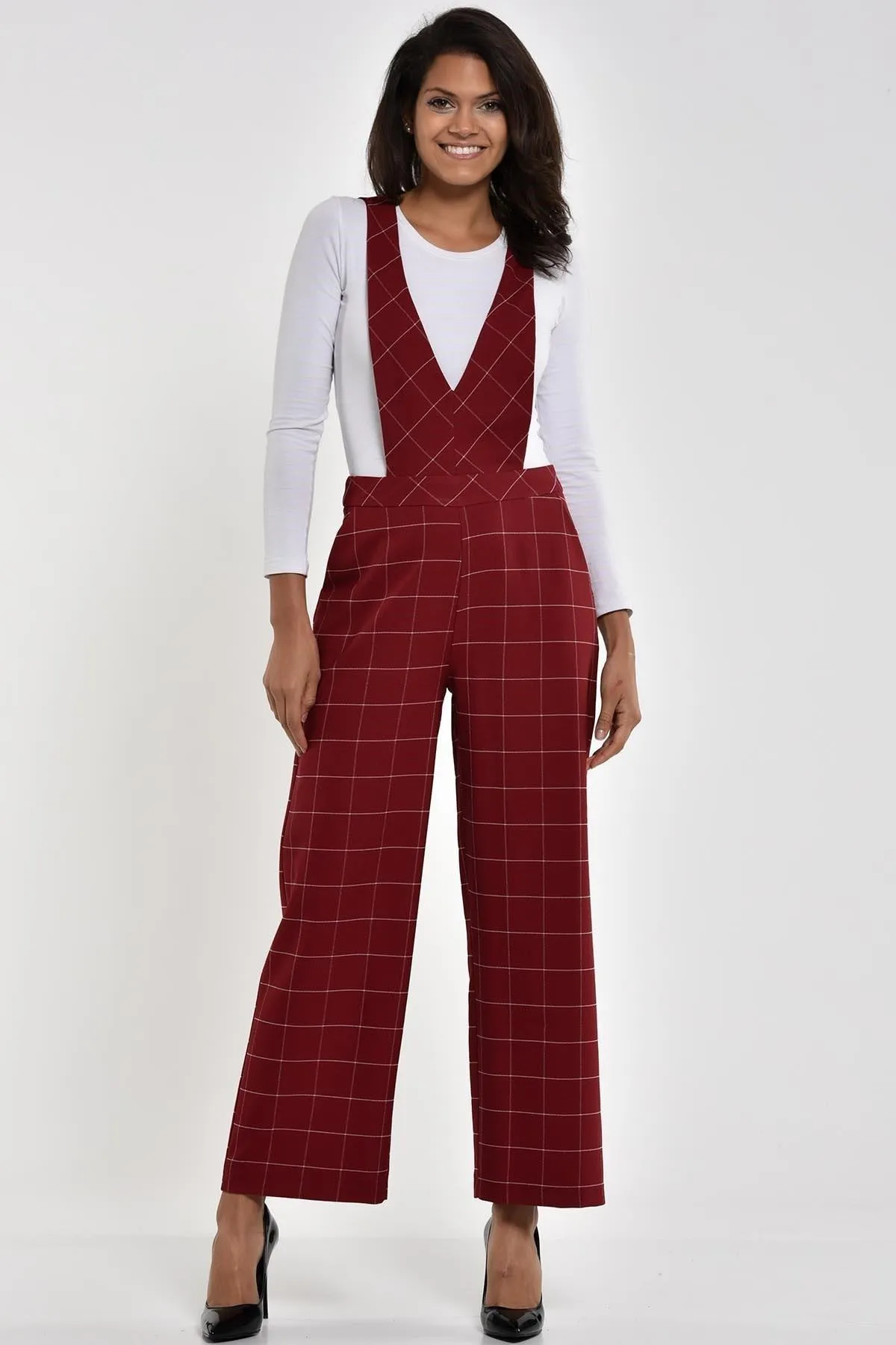 16261 Burgundy Plaid Wide Leg Jumpsuit
