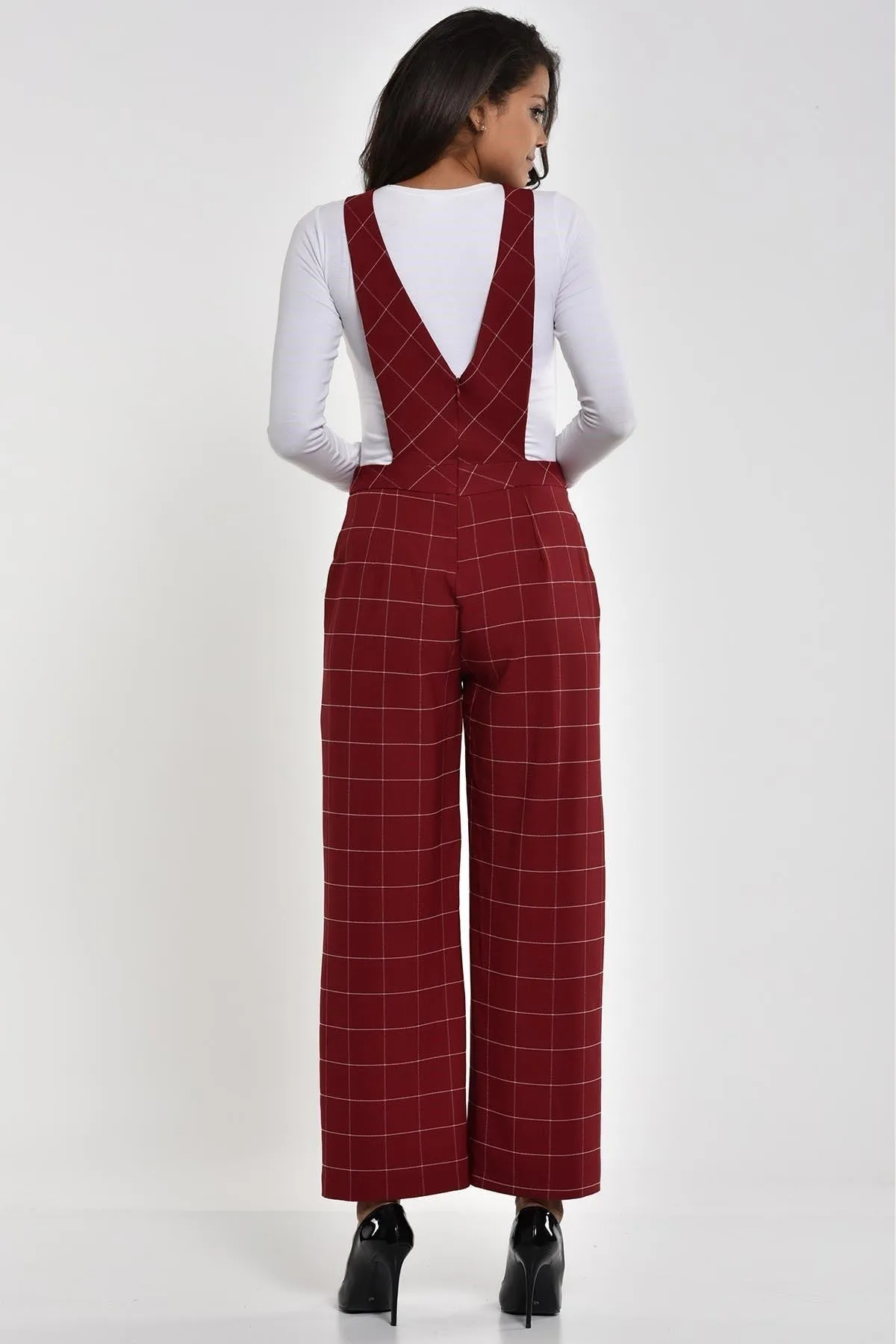 16261 Burgundy Plaid Wide Leg Jumpsuit