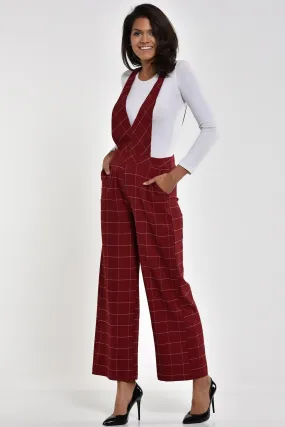 16261 Burgundy Plaid Wide Leg Jumpsuit