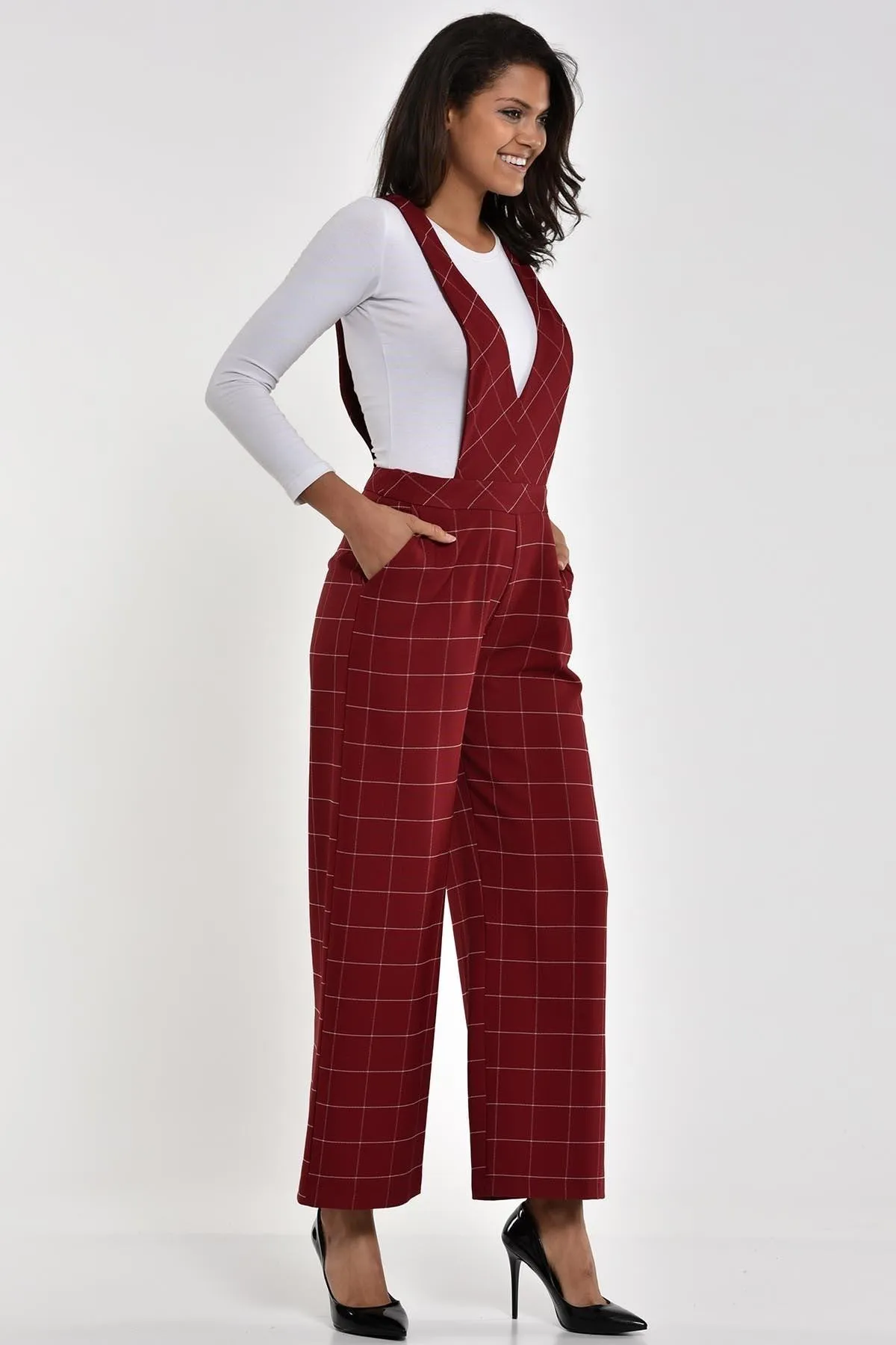 16261 Burgundy Plaid Wide Leg Jumpsuit