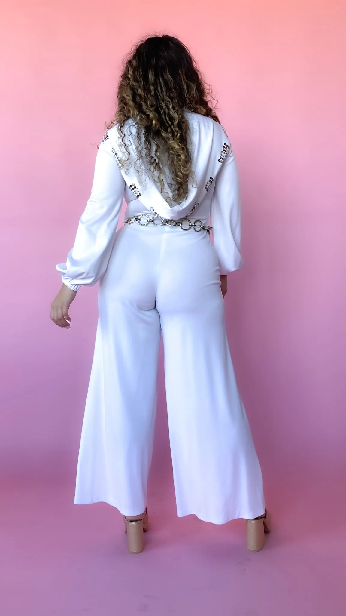 1970s White Hooded Jumpsuit w Bedazzled Hood, sz. S