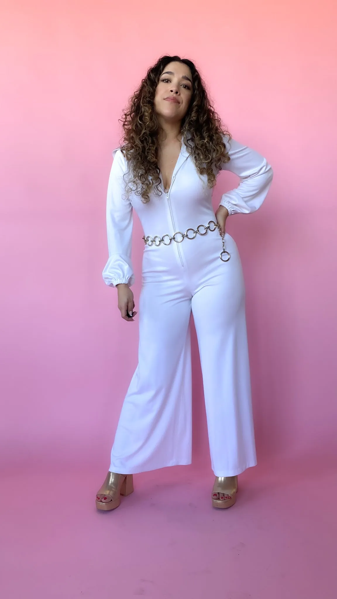 1970s White Hooded Jumpsuit w Bedazzled Hood, sz. S