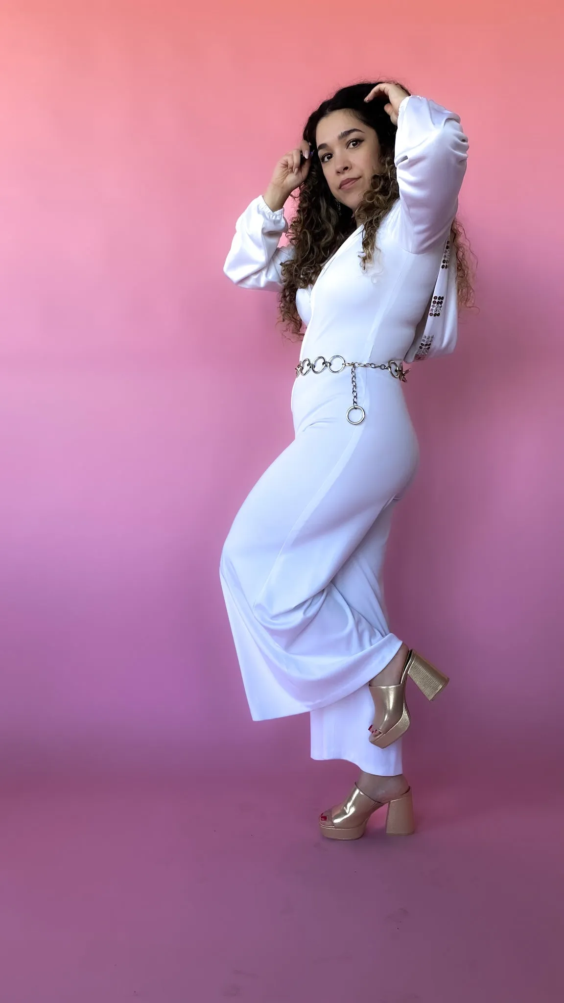 1970s White Hooded Jumpsuit w Bedazzled Hood, sz. S