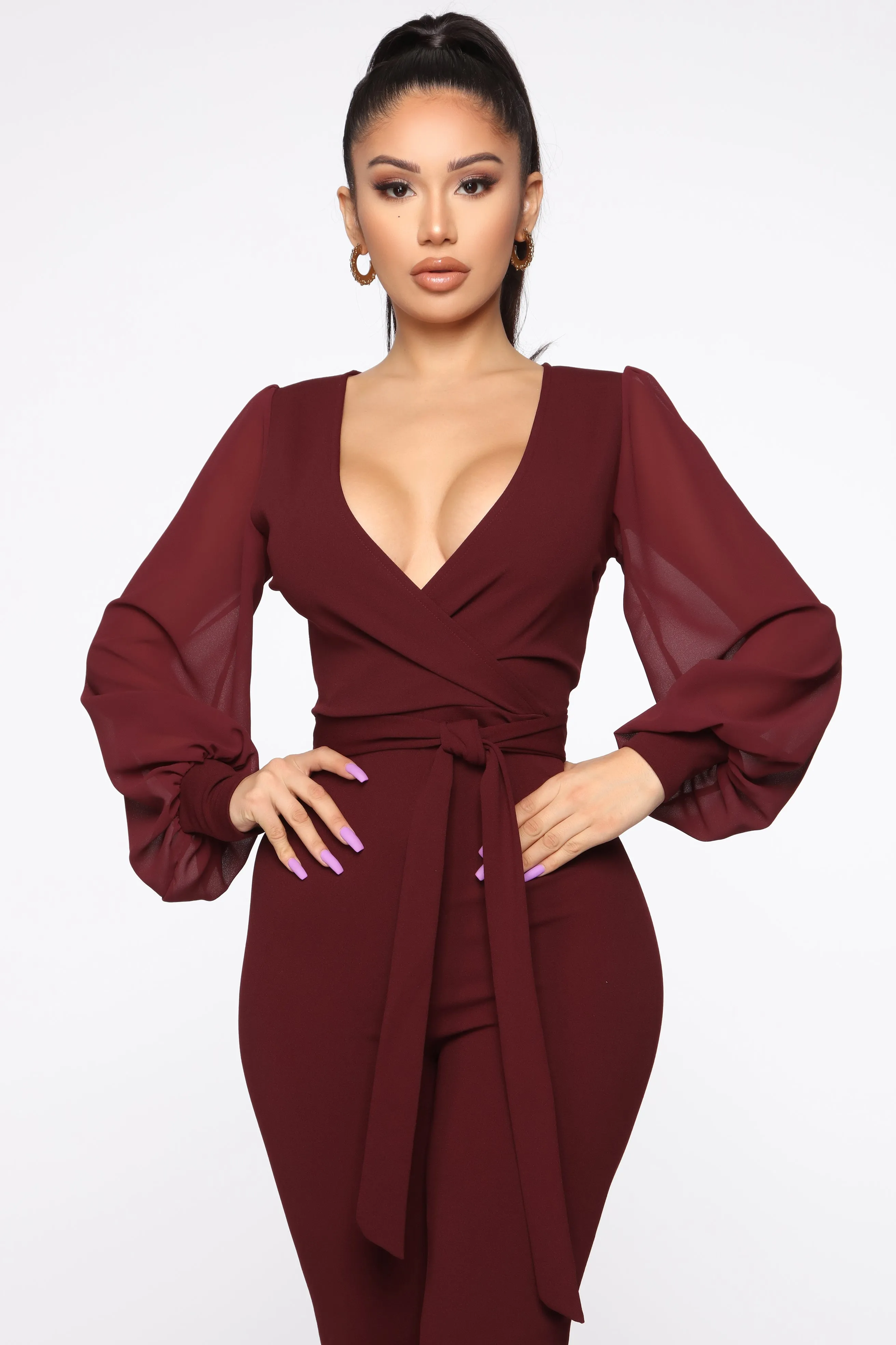 All About Me Balloon Sleeve Jumpsuit - Burgundy