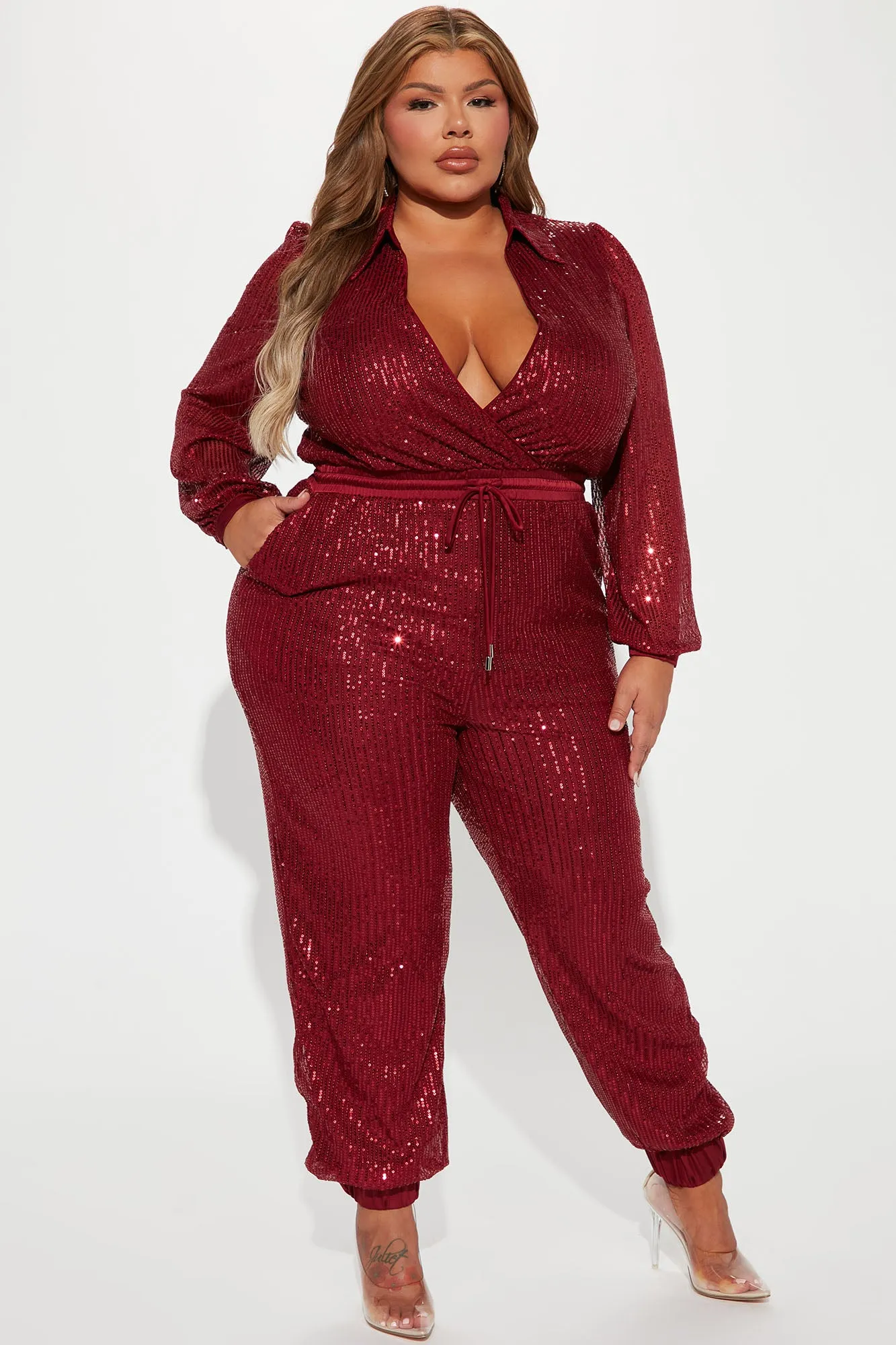Always The Spotlight Sequin Jumpsuit - Burgundy