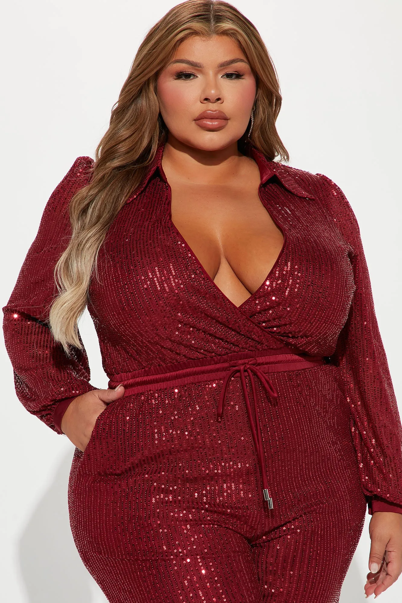 Always The Spotlight Sequin Jumpsuit - Burgundy