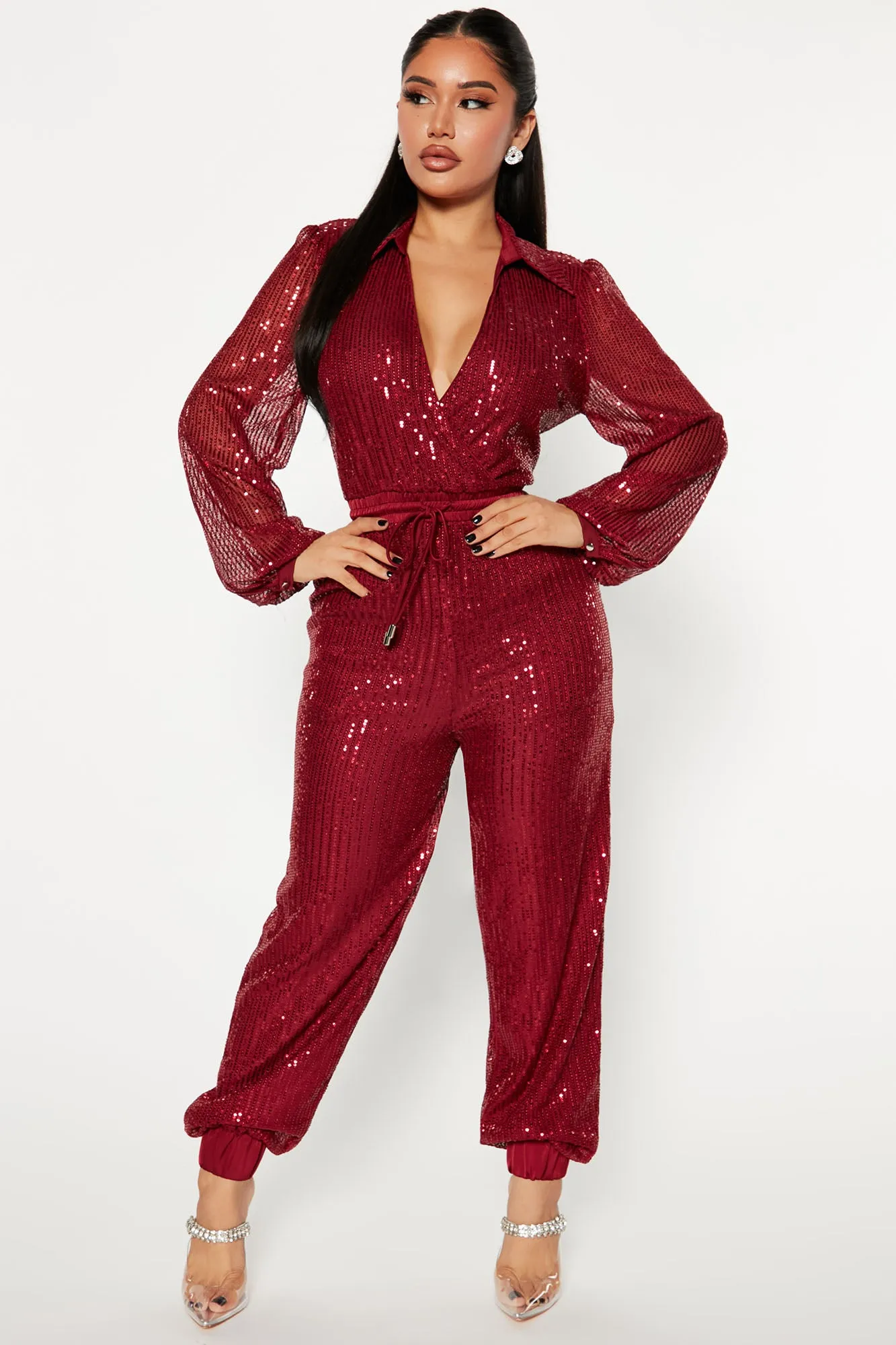 Always The Spotlight Sequin Jumpsuit - Burgundy