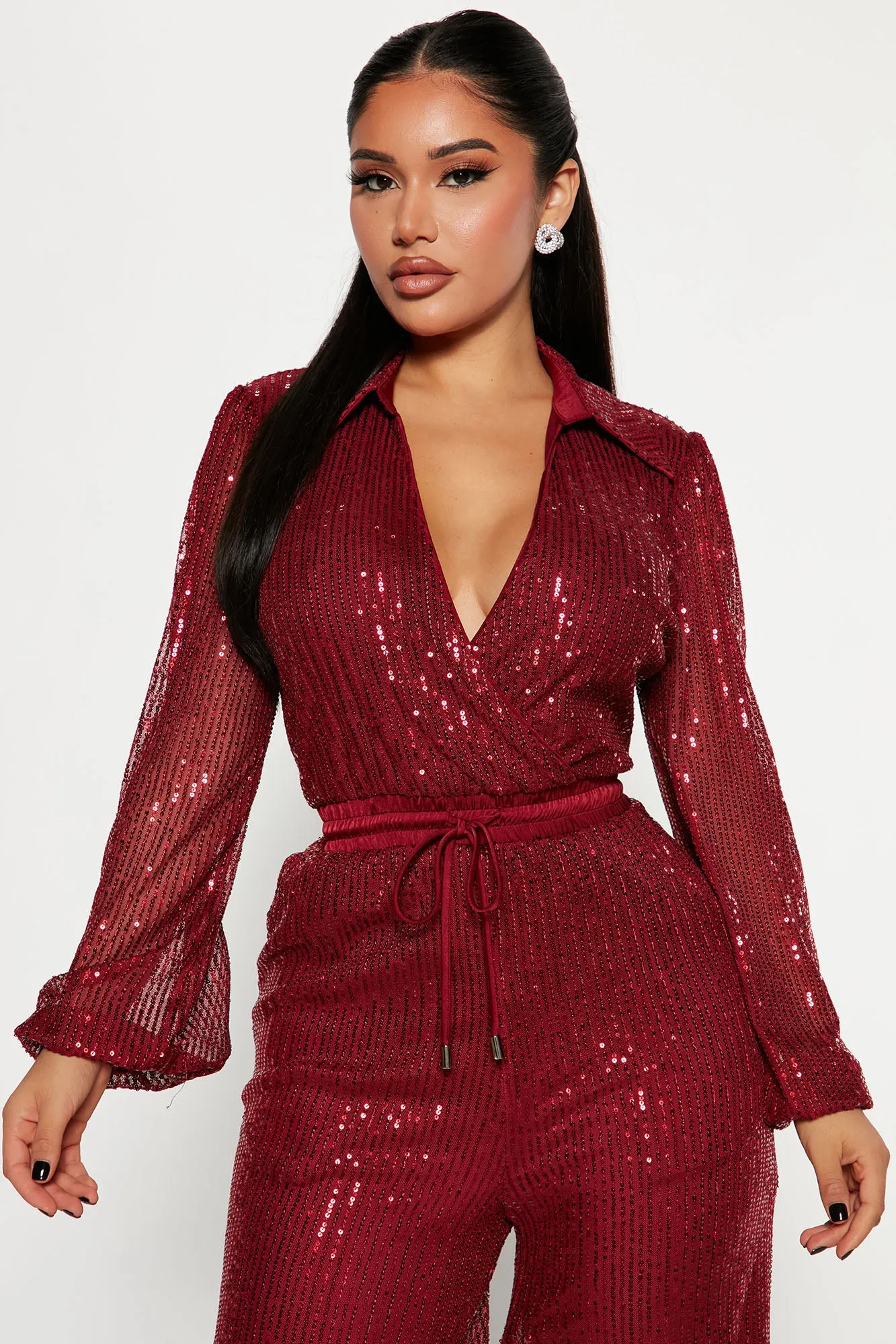 Always The Spotlight Sequin Jumpsuit - Burgundy