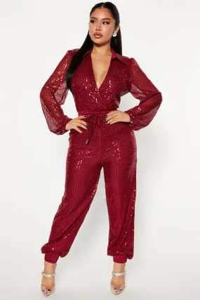 Always The Spotlight Sequin Jumpsuit - Burgundy