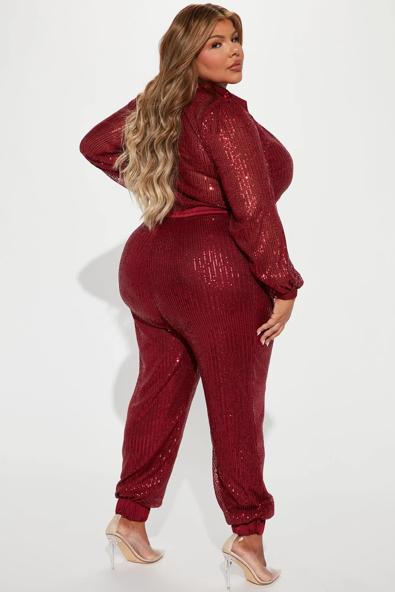 Always The Spotlight Sequin Jumpsuit - Burgundy
