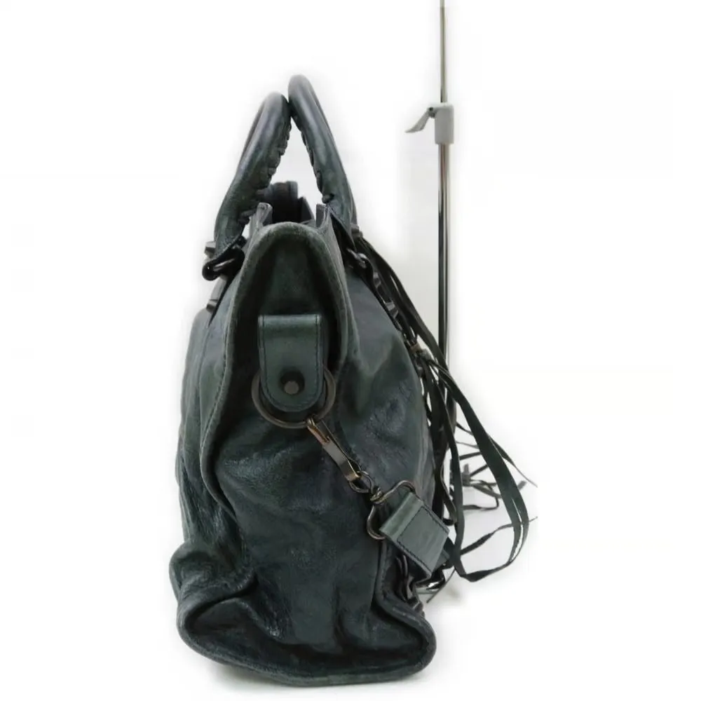 Balenciaga "City" style XL two-way satchel in pewter gray leather with gold hardware, fringe accents & a detachable shoulder strap