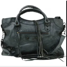 Balenciaga "City" style XL two-way satchel in pewter gray leather with gold hardware, fringe accents & a detachable shoulder strap