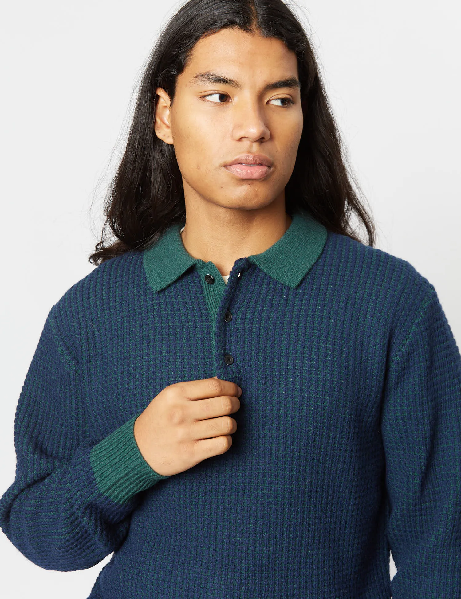 Beams Plus Knit Polo (Crochet) - Green/Navy
