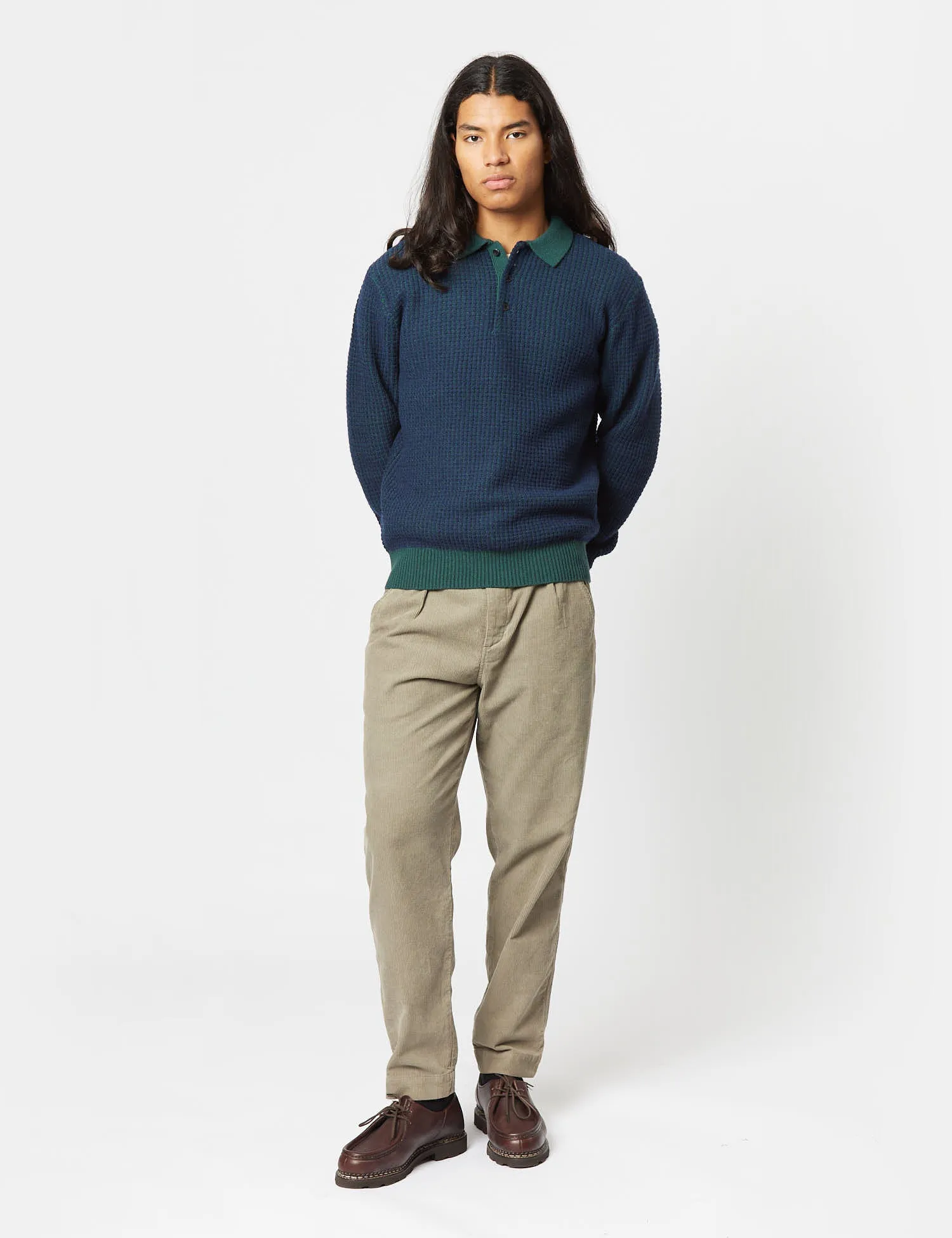 Beams Plus Knit Polo (Crochet) - Green/Navy