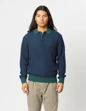 Beams Plus Knit Polo (Crochet) - Green/Navy