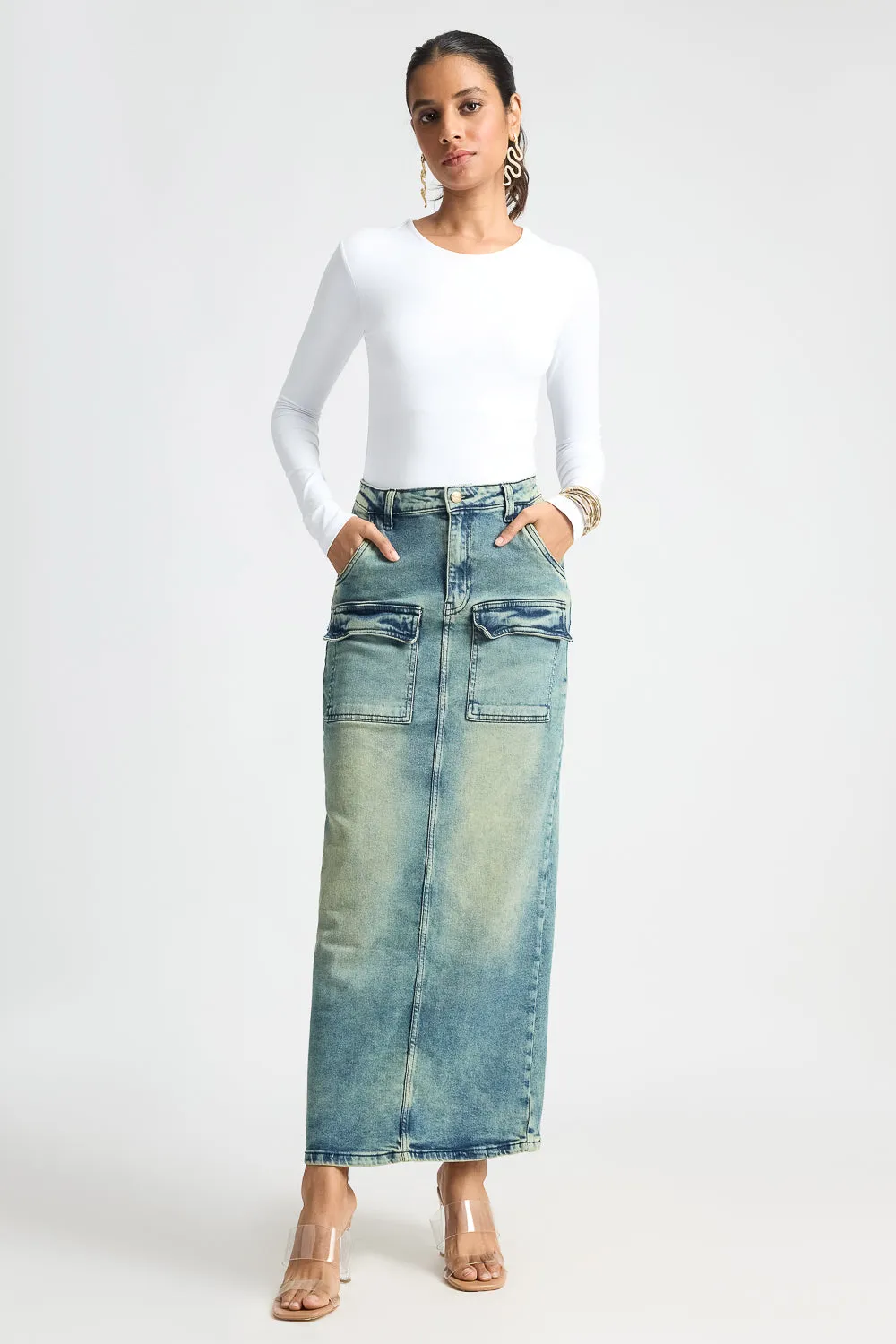 Blue Utility Pocket Denim Maxi Skirt