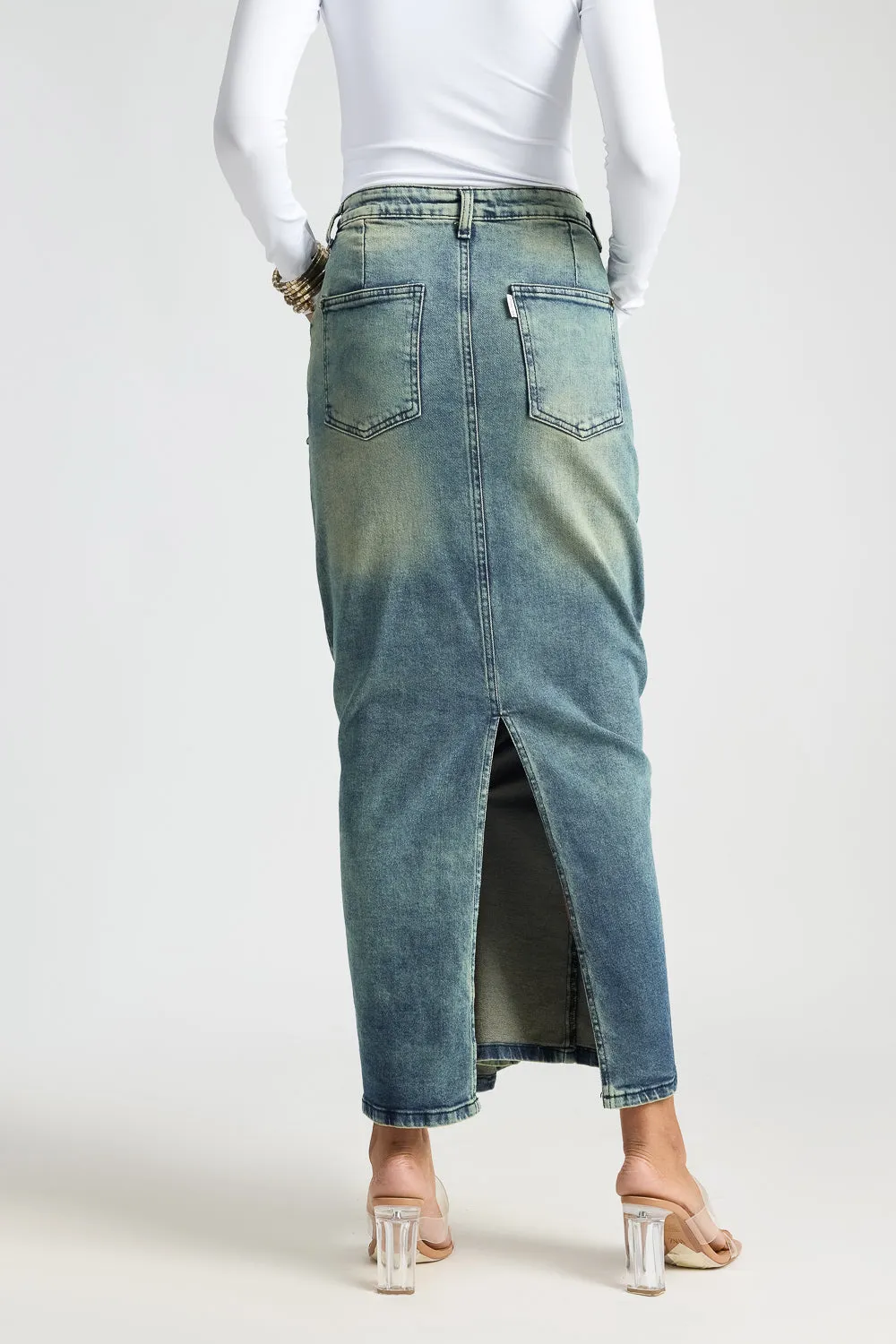Blue Utility Pocket Denim Maxi Skirt