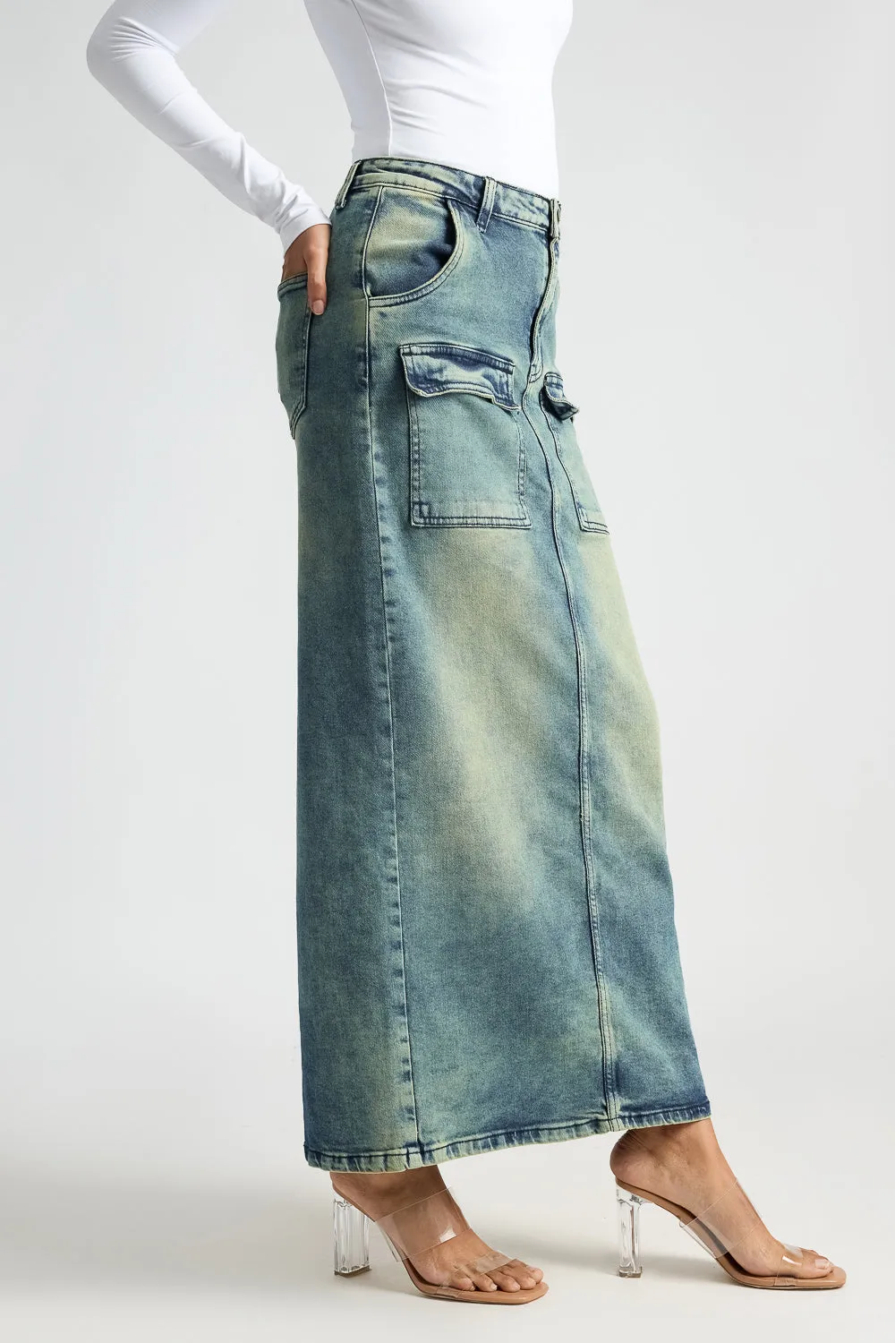 Blue Utility Pocket Denim Maxi Skirt