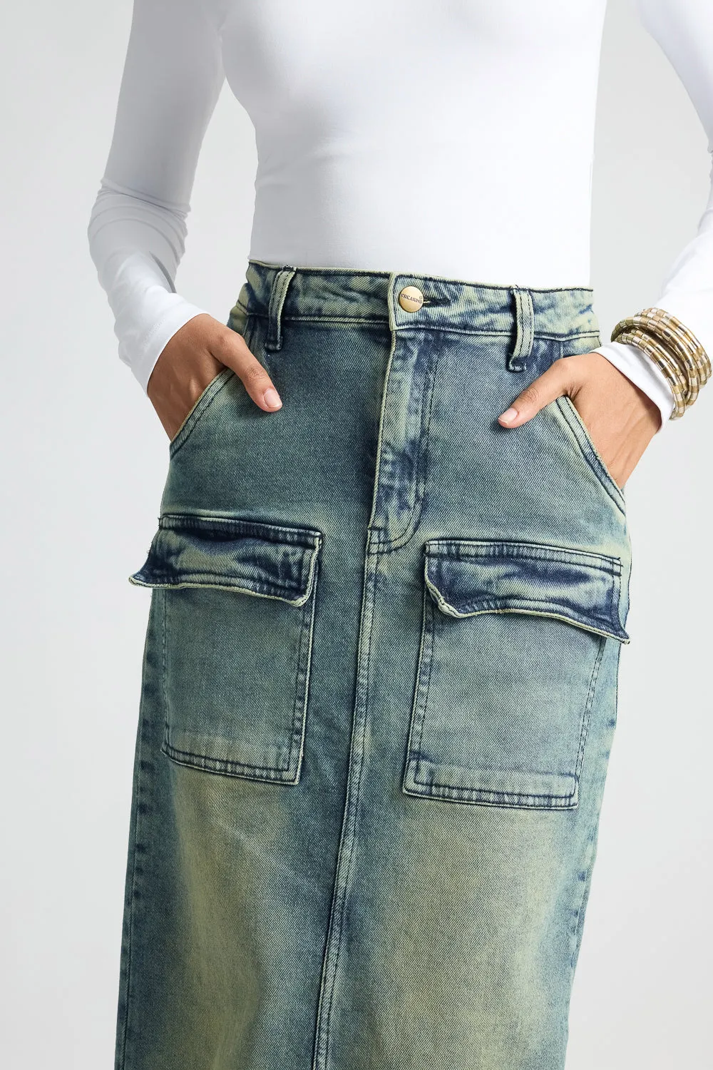 Blue Utility Pocket Denim Maxi Skirt