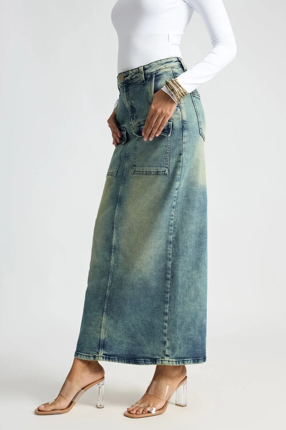 Blue Utility Pocket Denim Maxi Skirt