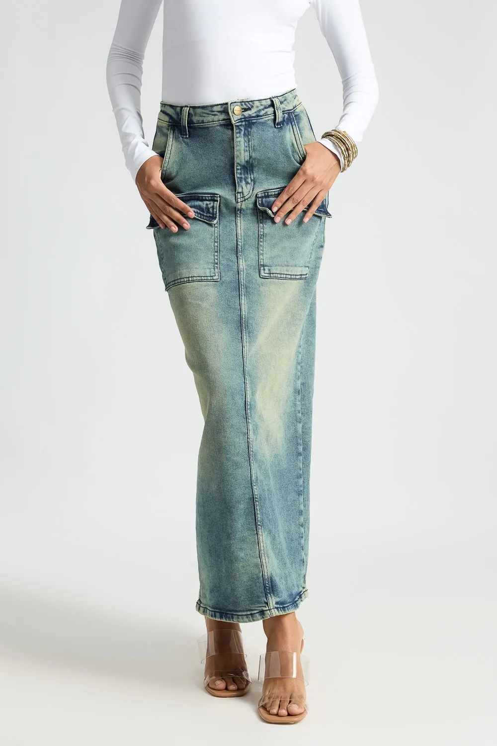 Blue Utility Pocket Denim Maxi Skirt