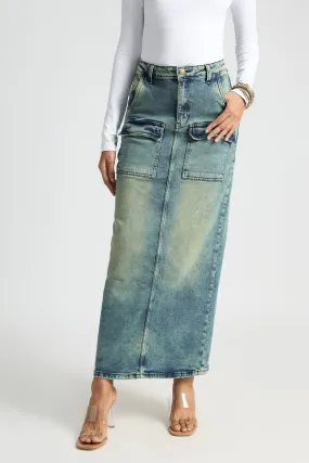 Blue Utility Pocket Denim Maxi Skirt