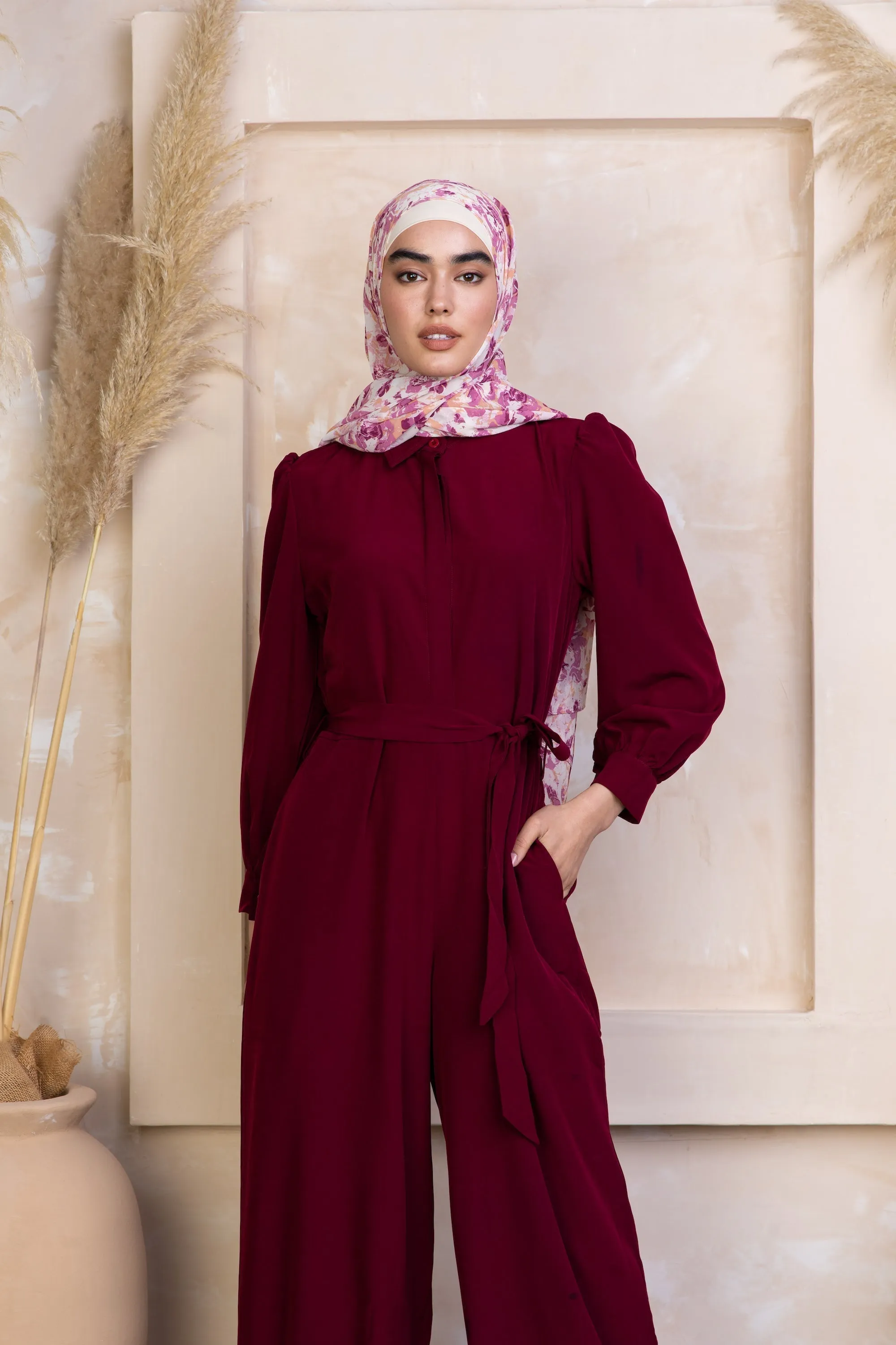 Burgundy Lattice Jumpsuit-CLEARANCE