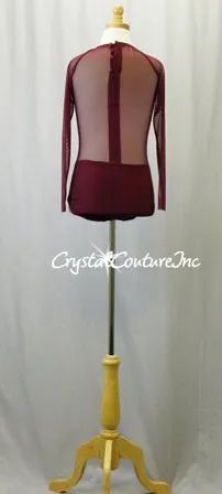 Burgundy Mesh Leotard with Long Sleeves and Appliques - Swarovski Rhinestones