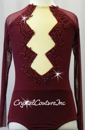 Burgundy Mesh Leotard with Long Sleeves and Appliques - Swarovski Rhinestones