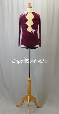 Burgundy Mesh Leotard with Long Sleeves and Appliques - Swarovski Rhinestones