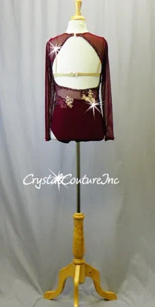 Burgundy Mesh Long Sleeve Leotard with Embroidered Appliques - Swarovski Rhinestones