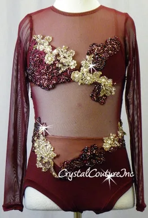 Burgundy Mesh Long Sleeve Leotard with Embroidered Appliques - Swarovski Rhinestones