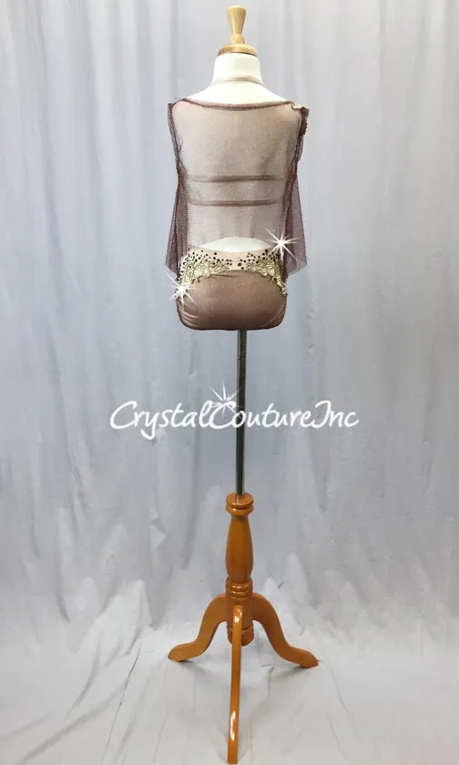 Burgundy Metallic Mesh with Nude Lycra Bra Top, Briefs and Gold Appliques - Swarovski Rhinestones