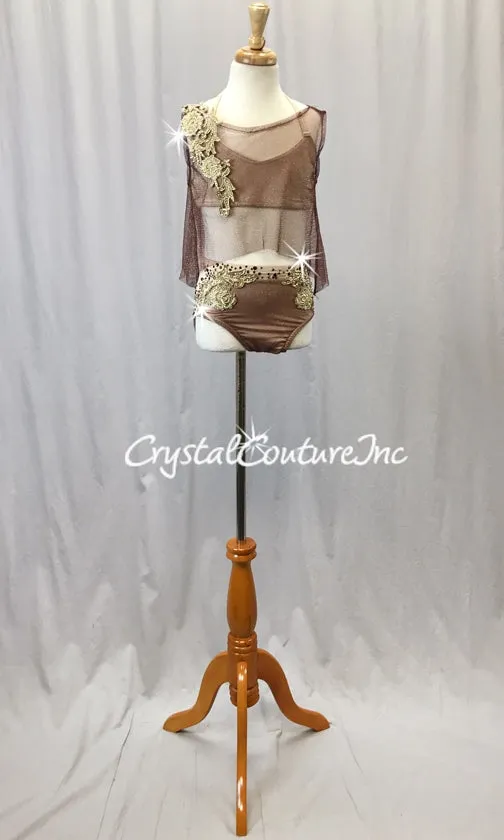 Burgundy Metallic Mesh with Nude Lycra Bra Top, Briefs and Gold Appliques - Swarovski Rhinestones