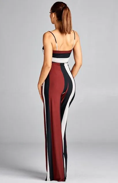 Burgundy Striped Belted Top and Bottom