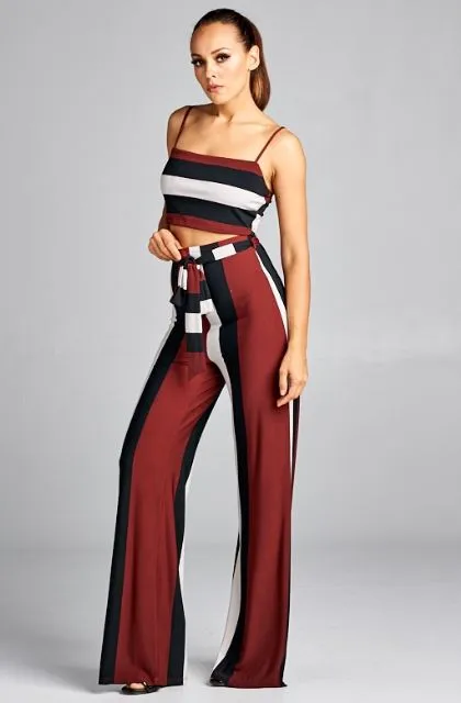Burgundy Striped Belted Top and Bottom