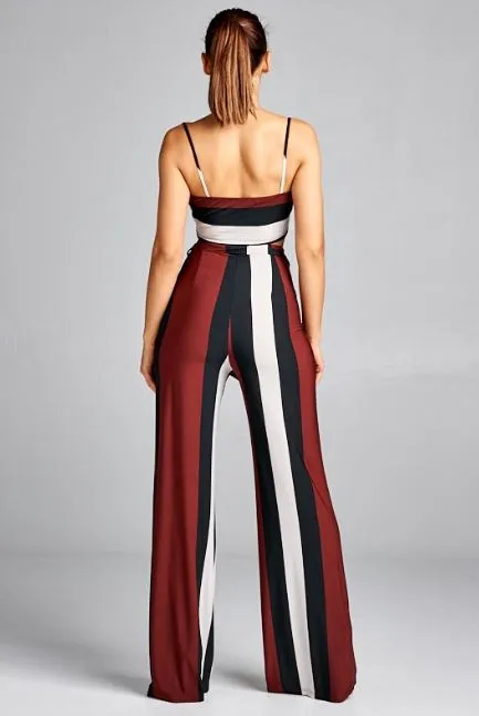 Burgundy Striped Belted Top and Bottom