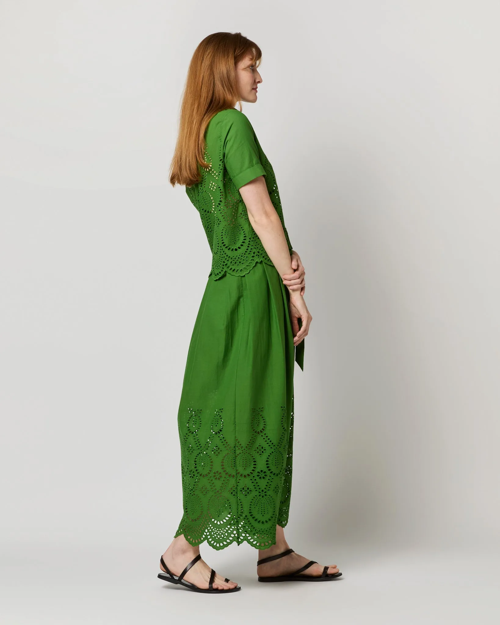 Carol Short-Sleeved Shirt in Green Eyelet