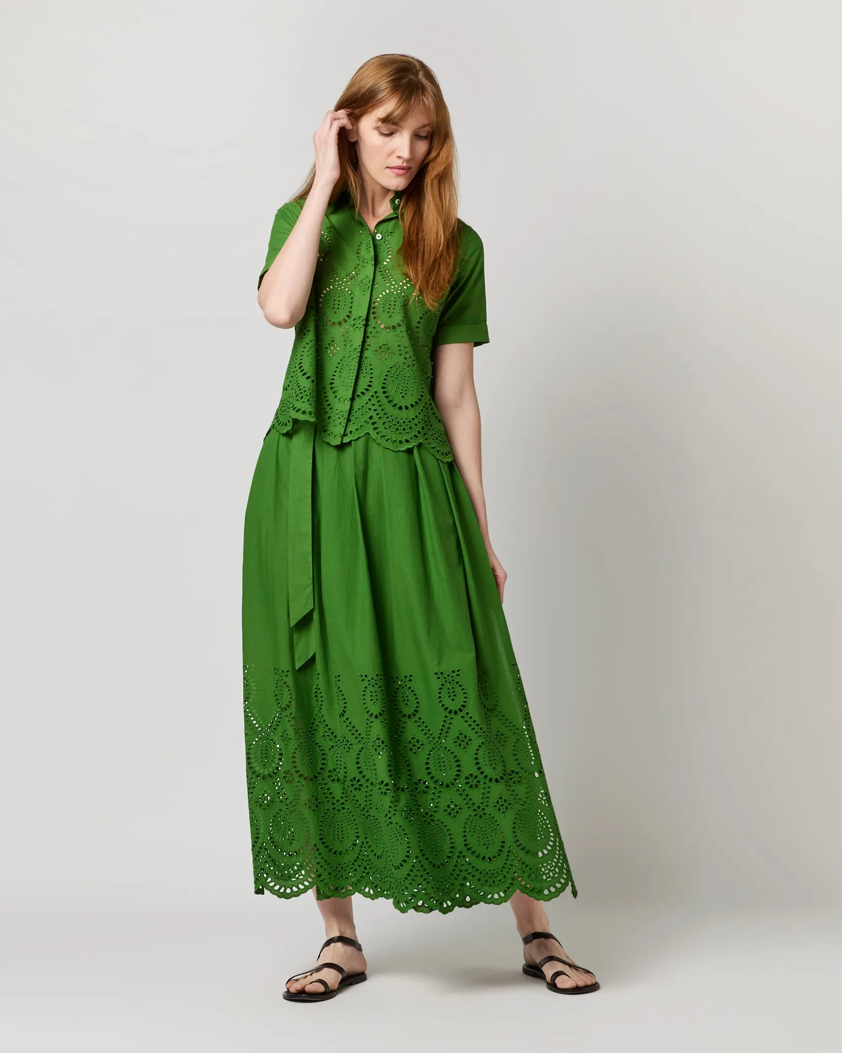 Carol Short-Sleeved Shirt in Green Eyelet