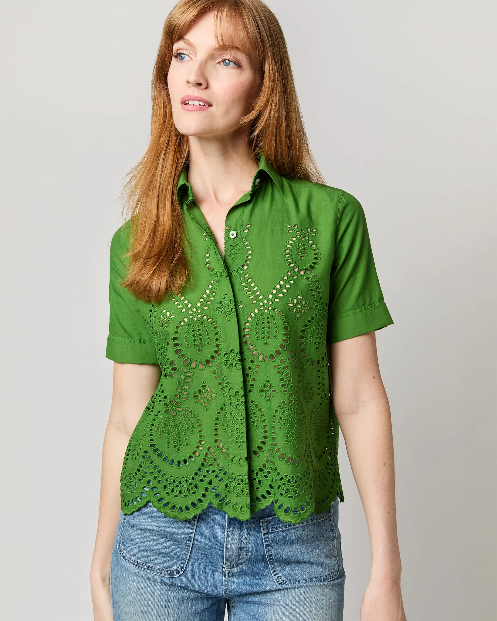 Carol Short-Sleeved Shirt in Green Eyelet