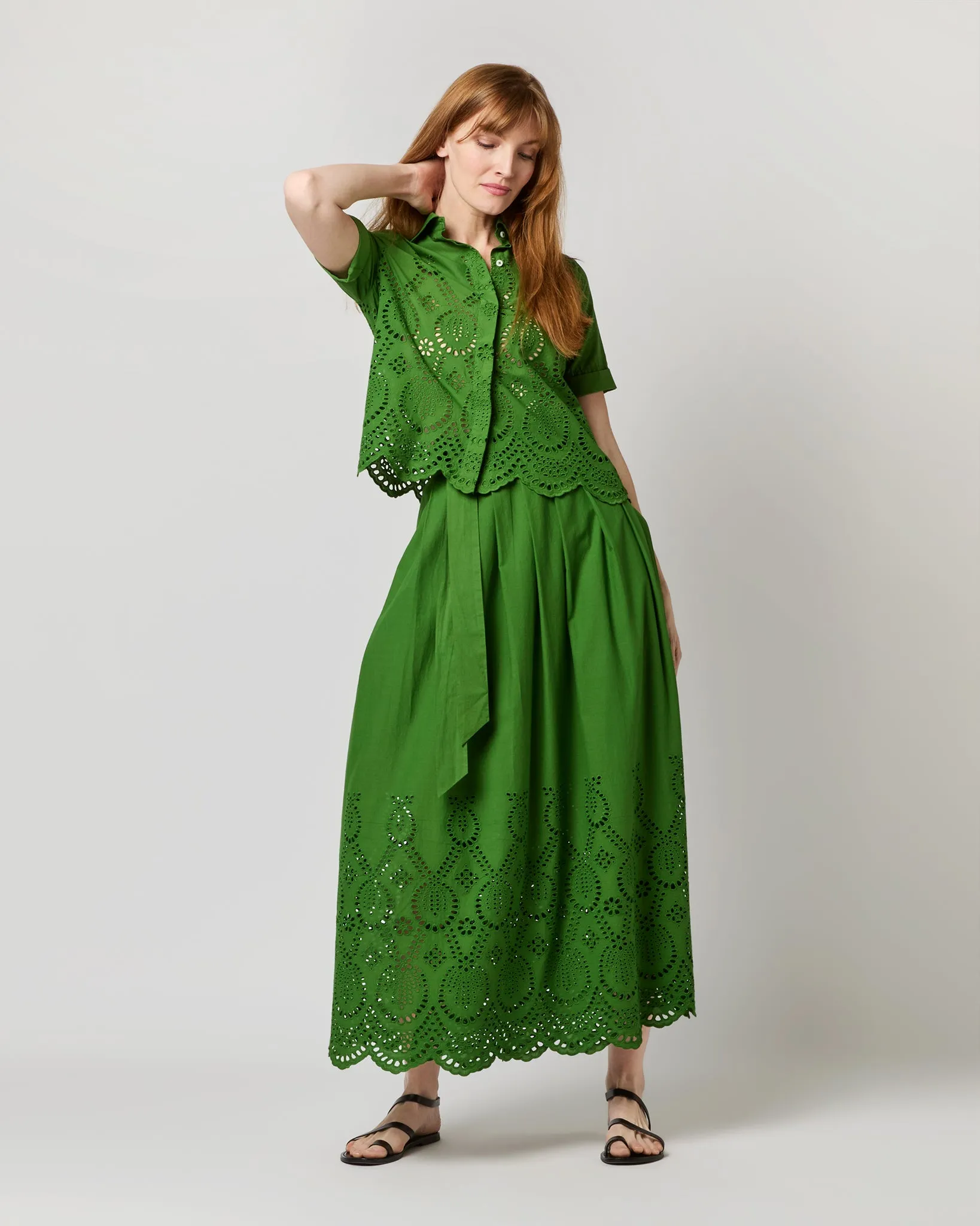 Carol Short-Sleeved Shirt in Green Eyelet