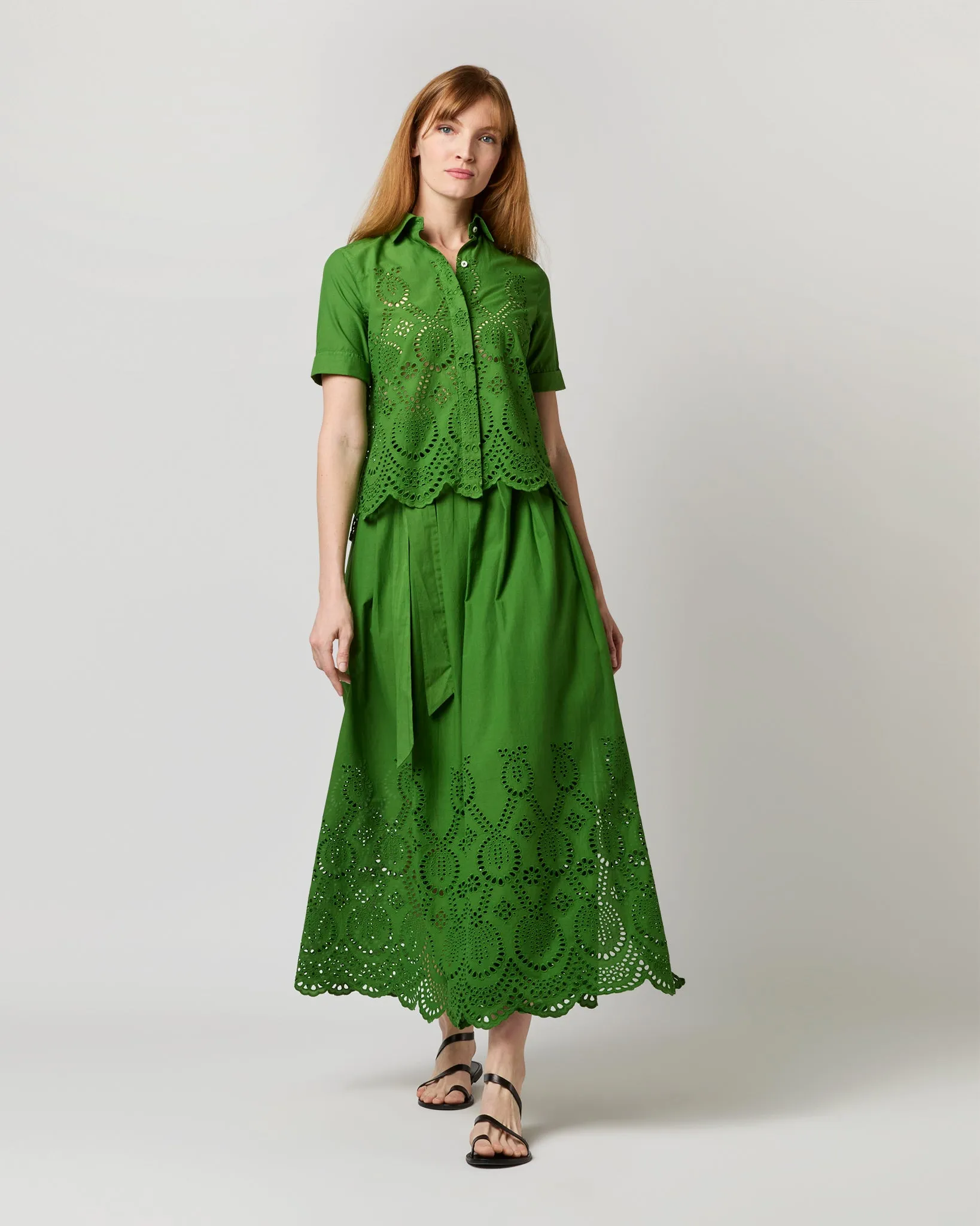 Carol Short-Sleeved Shirt in Green Eyelet