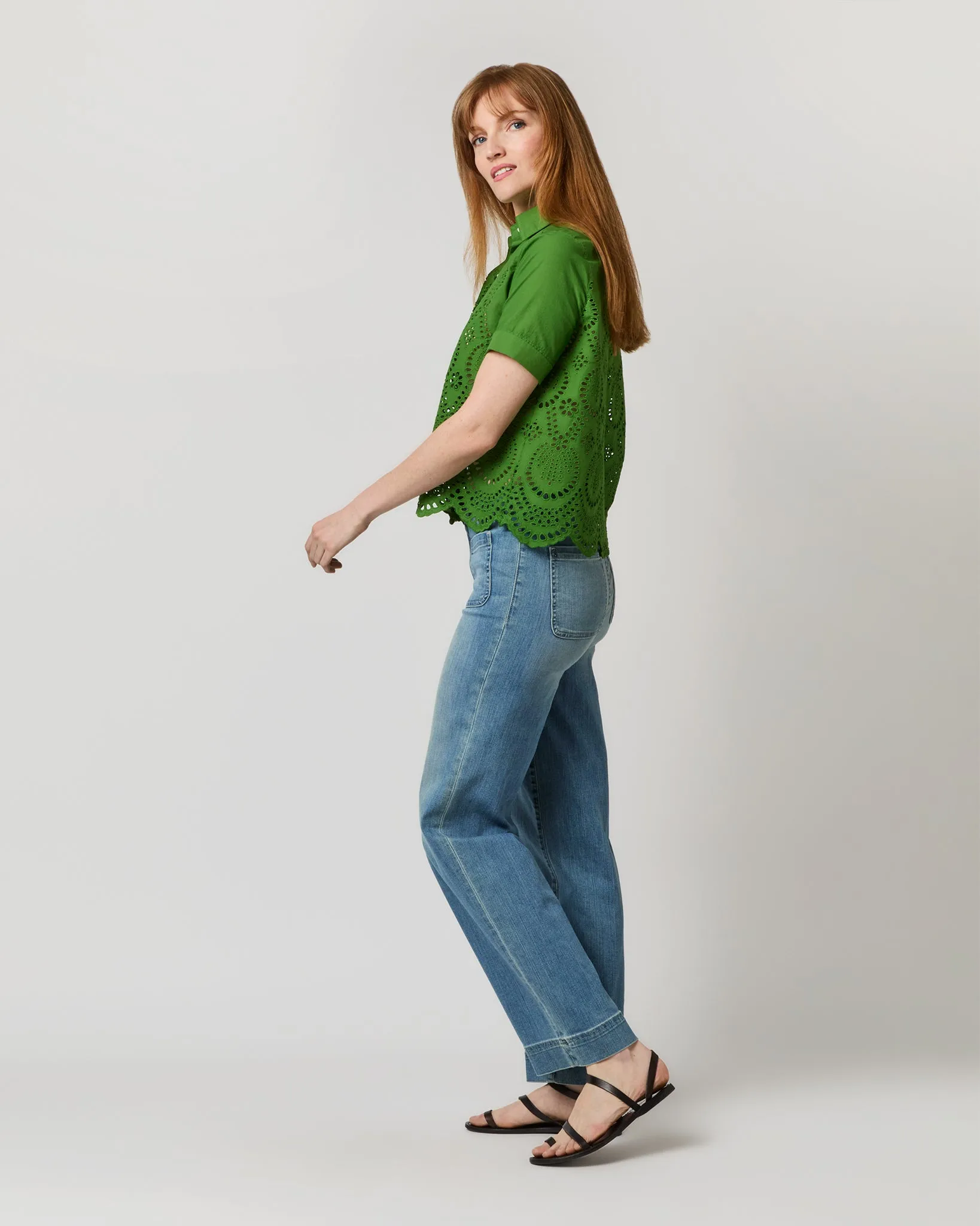 Carol Short-Sleeved Shirt in Green Eyelet
